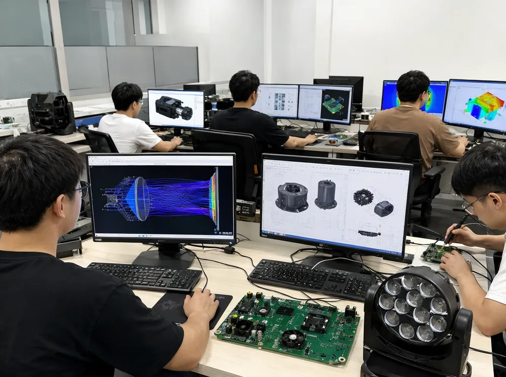 Vefey R&D engineering team working on optical and electronic design for stage lighting fixtures
