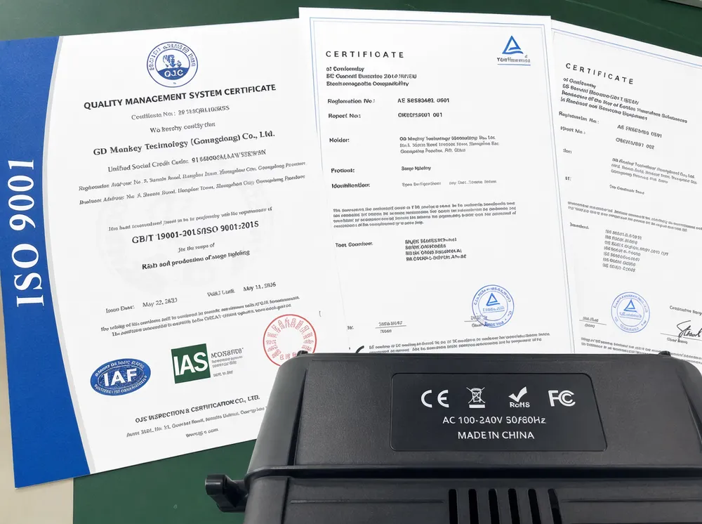 Vefey ISO 9001 certification documents and CE marking labels for professional stage lighting