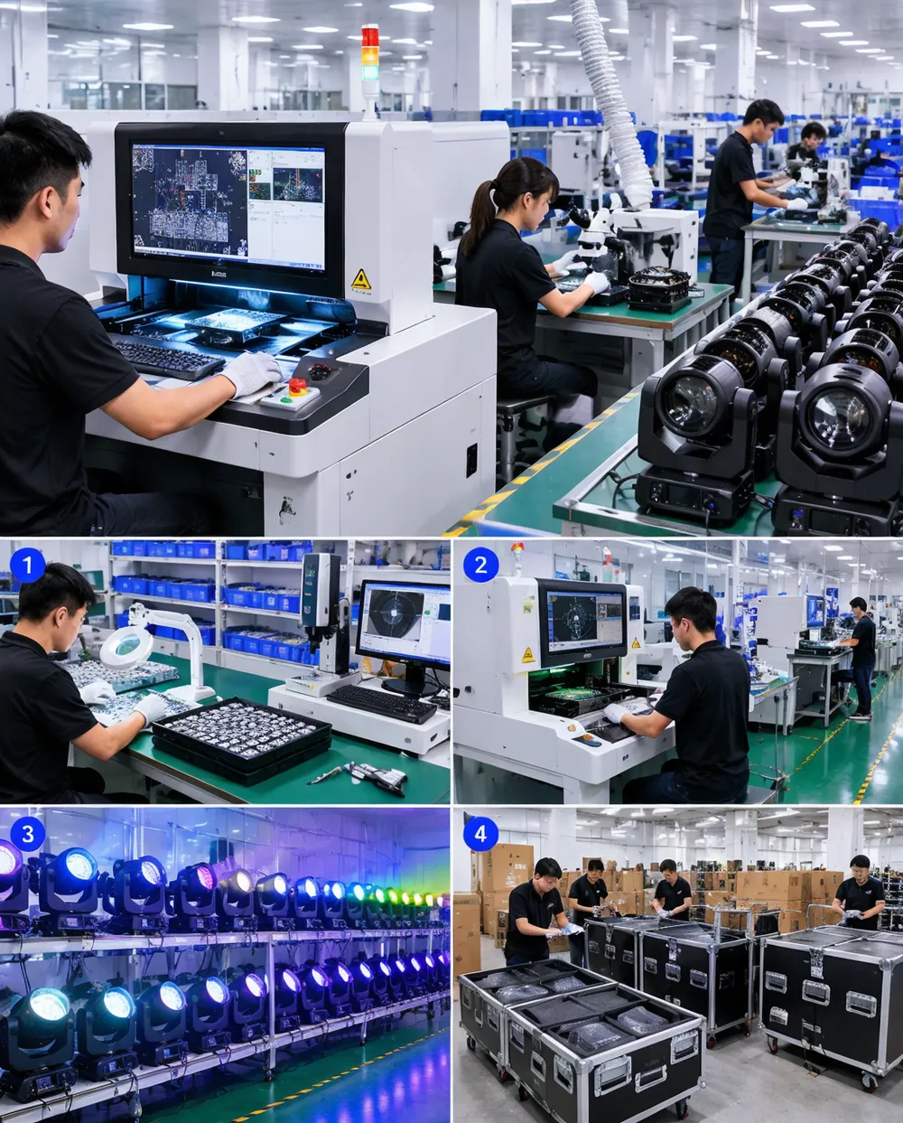 Vefey quality control inspection floor with automated optical inspection equipment and testing stations