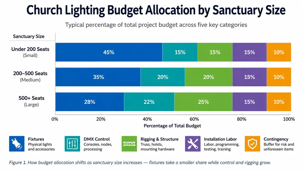 Budget allocation chart showing fixture, control, rigging, labor, and contingency percentages for church lighting projects by sanctuary seating capacity