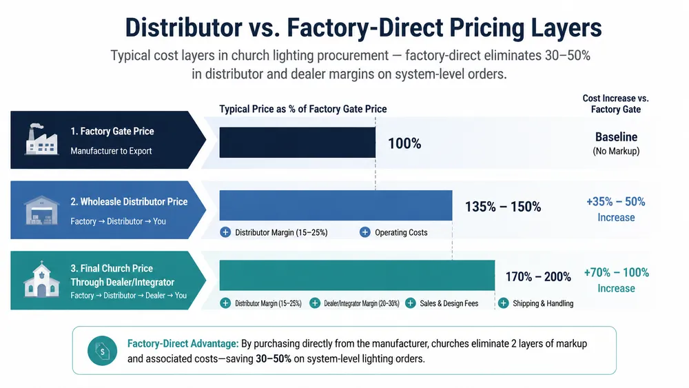 Cost comparison diagram showing distributor markup layers versus factory-direct pricing for church stage lighting