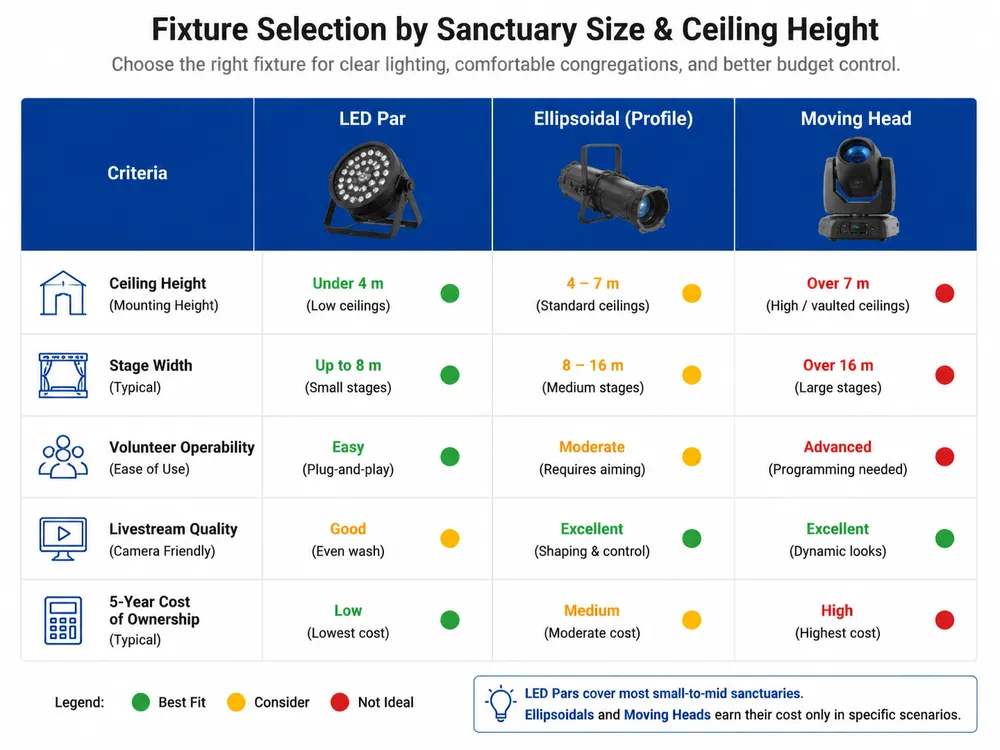 Decision matrix comparing LED par, ellipsoidal, and moving head fixtures by ceiling height and church room size