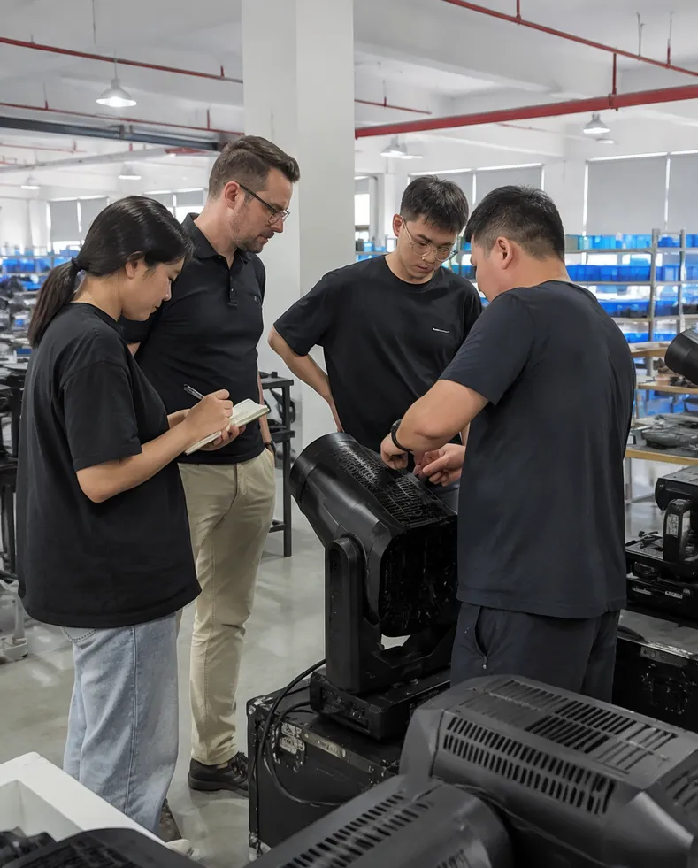Vefey export team coordinating on the factory floor with engineering staff