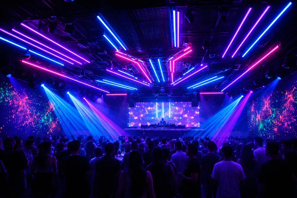 إضاءات نيون DJ مثبتة في نادٍ ليلي تُظهر تأثيرات التوهج بالأشعة فوق البنفسجية على الجدران ومصفوفات السقف