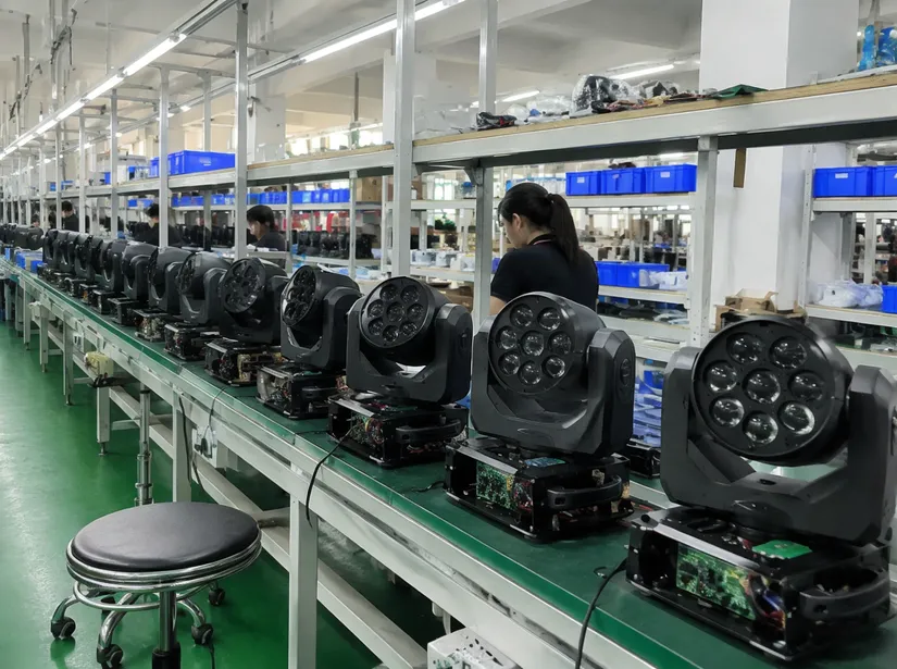 Climate-controlled motor assembly cell for dance lighting moving head fixtures at Vefey factory