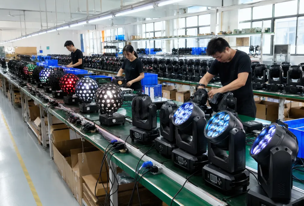 Vefey disco DJ lights production line with assembled fixtures and quality testing stations
