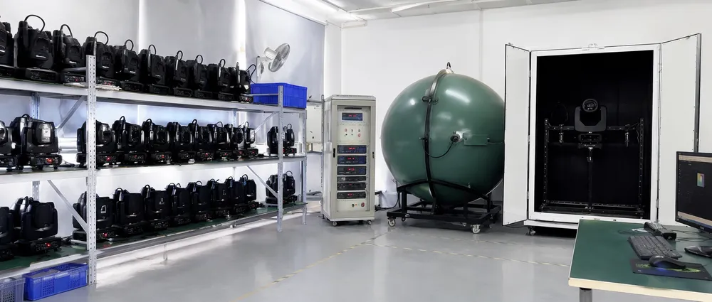 Vefey production line quality testing station for disco DJ light fixtures, showing motor run-in and photometric measurement equipment