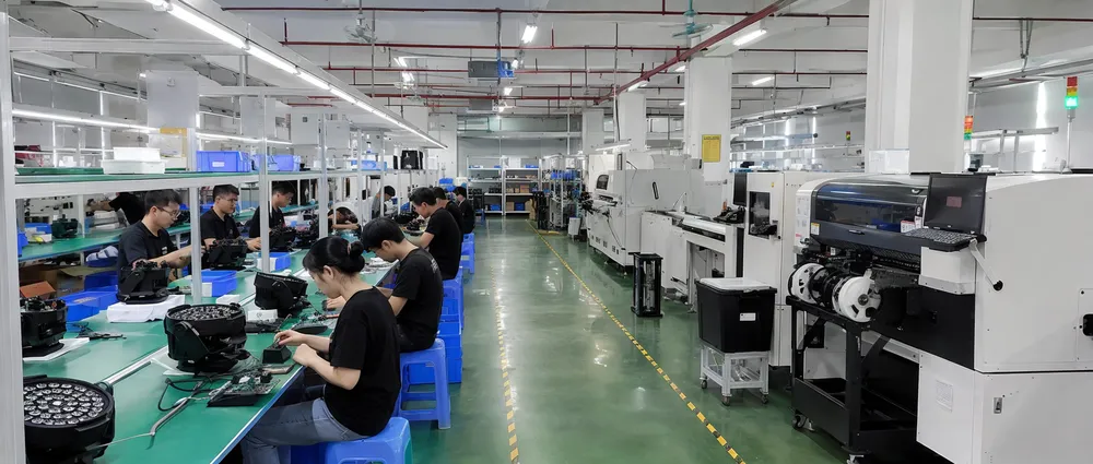 Vefey 16,700 square meter factory in Meizhou Guangdong showing dedicated disco DJ lights assembly cells and SMT production lines