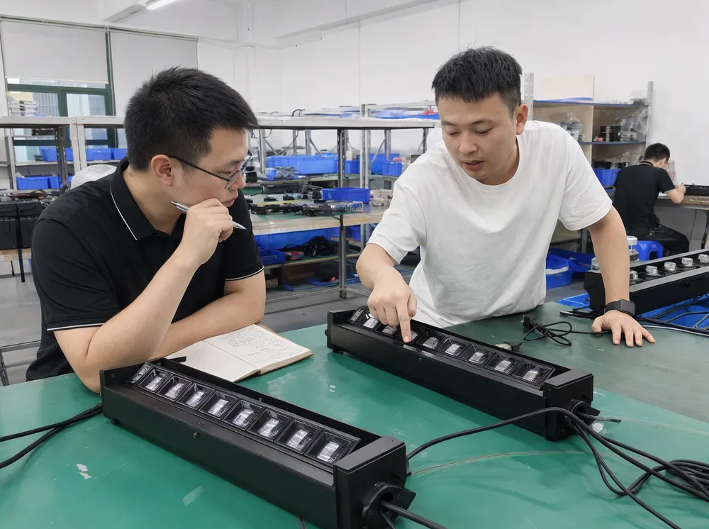 DJ laser bar light sample evaluation to volume order workflow at Vefey factory