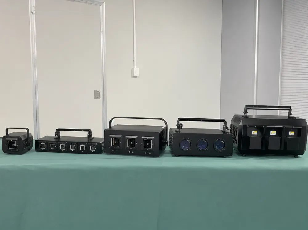 Range of Vefey DJ laser lights showing mini, bar, RGB and professional configurations side by side