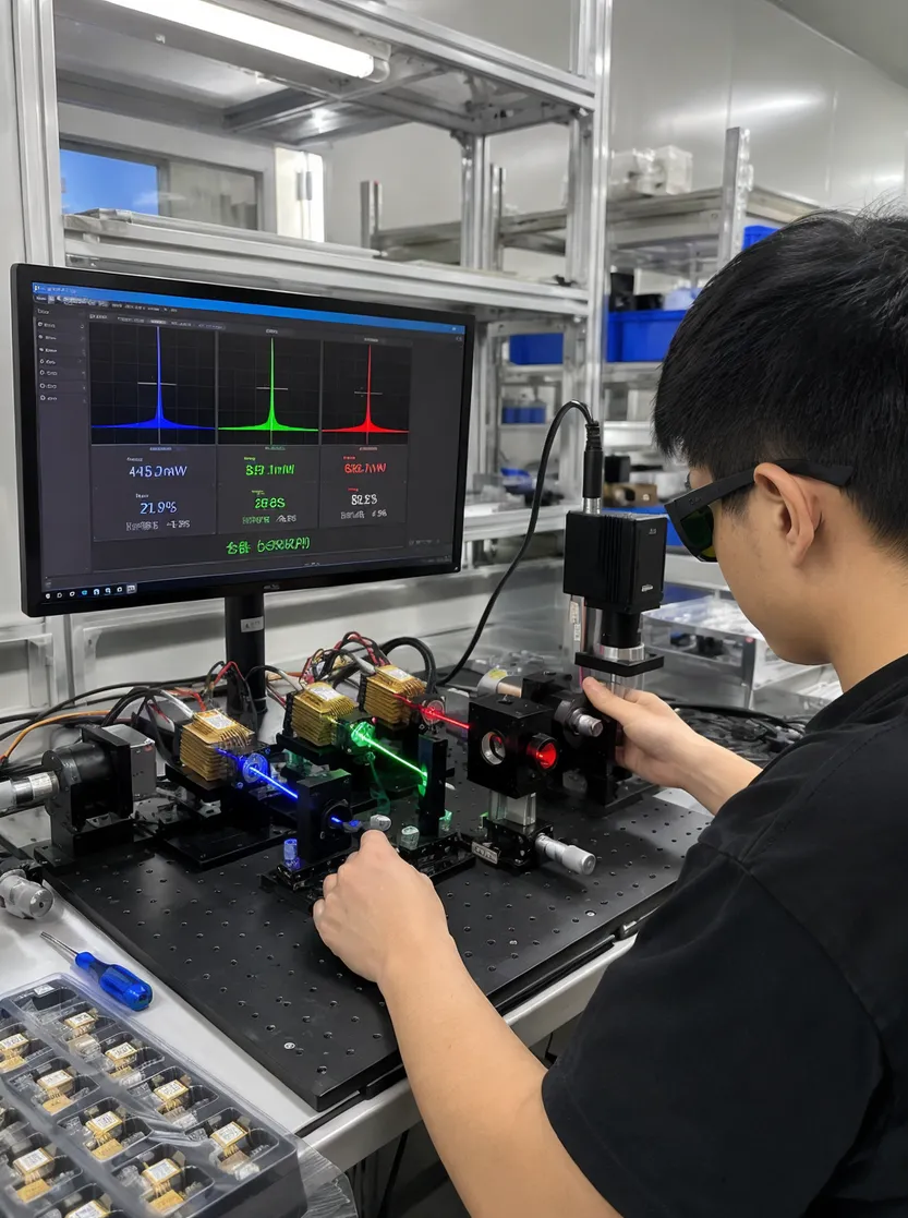 RGB laser diode triplet matching and optical assembly calibration process at Vefey factory