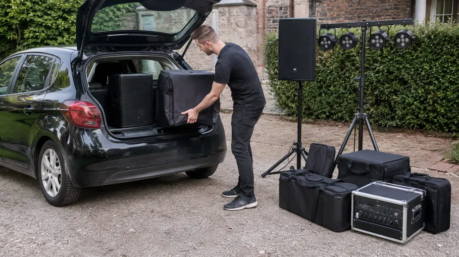 Mobile DJ setup with compact dance lighting fixtures arranged for portable event deployment