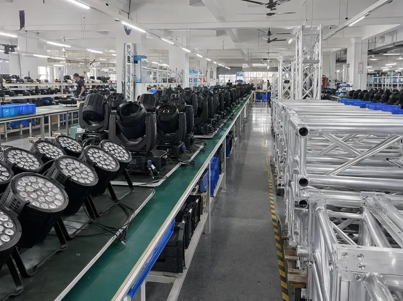 Vefey production facility showing LED PARs, moving heads, and truss hardware manufactured on adjacent lines