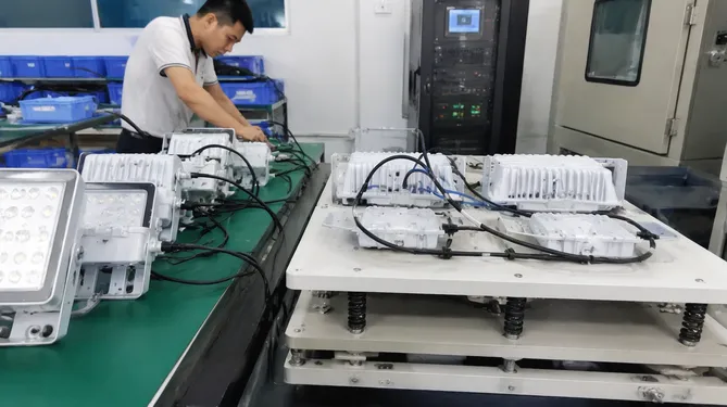 DJ lights setup kit undergoing vibration and continuity testing at Vefey factory