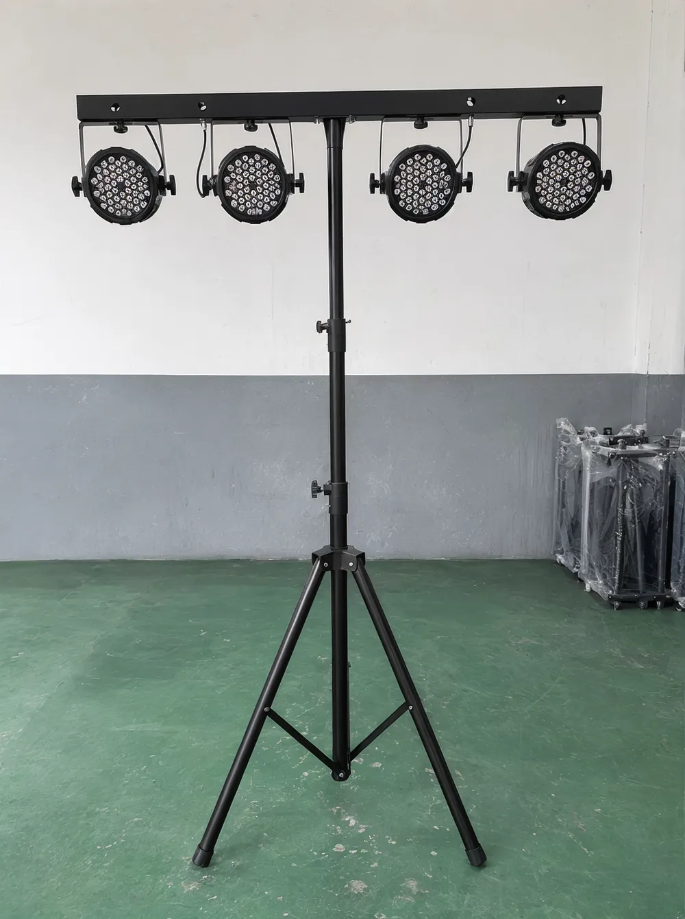 Vefey DJ lights T bar stand with 4 PAR fixtures mounted on crossbar, deployed on tripod base
