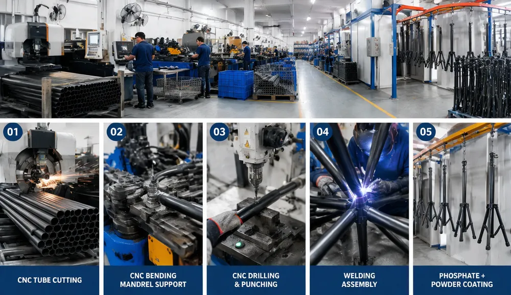 Vefey factory floor showing five-station tripod stand production line from tube cutting to powder coating