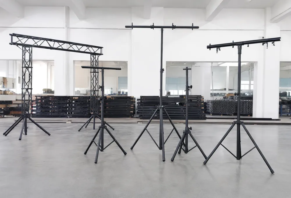 DJ lights stand range — truss, tripod, T bar, gigbar, and stage stand configurations manufactured at Vefey facility