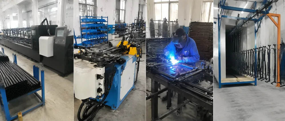 Vefey DJ lights stand production line showing CNC tube cutting, welding, and powder coat stations
