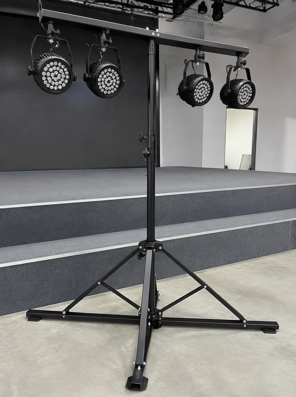 Vefey heavy-duty stage lights stand with wide base footprint deployed on a fixed stage installation