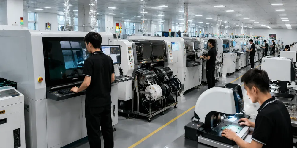 Vefey factory floor showing SMT production lines and automated optical alignment stations