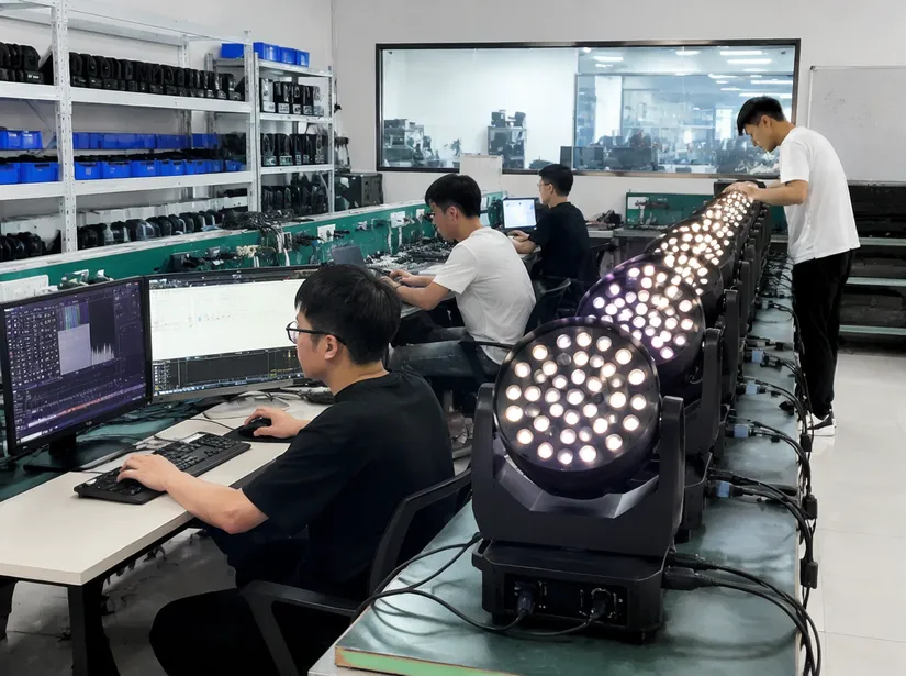 Vefey DMX firmware testing lab with engineers validating channel synchronization across LED DJ light fixtures