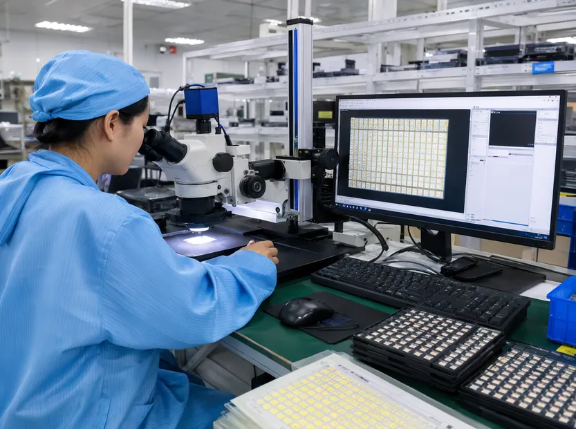 LED chip binning and IQC inspection station at Vefey factory
