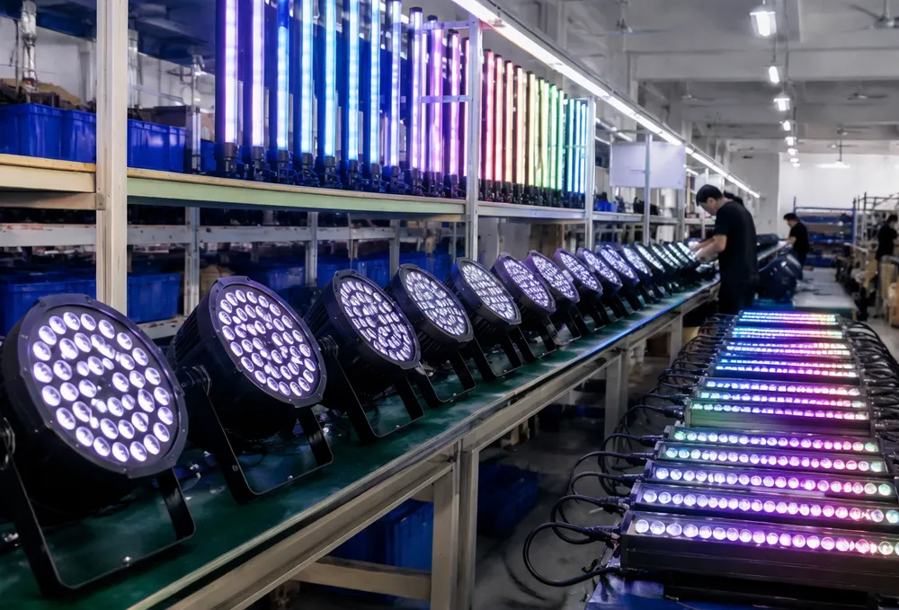 Vefey LED DJ lights production facility showing par cans, tube lights, and pixel bars on the assembly line