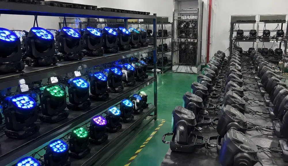 LED DJ light fixtures undergoing quality control testing including thermal aging and DMX stress validation at Vefey production facility