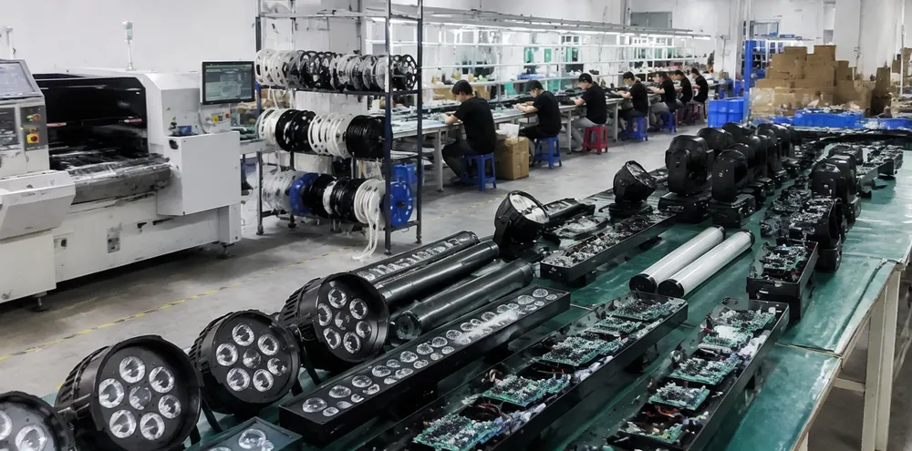 Vefey shared SMT and assembly production line manufacturing multiple LED DJ light formats simultaneously