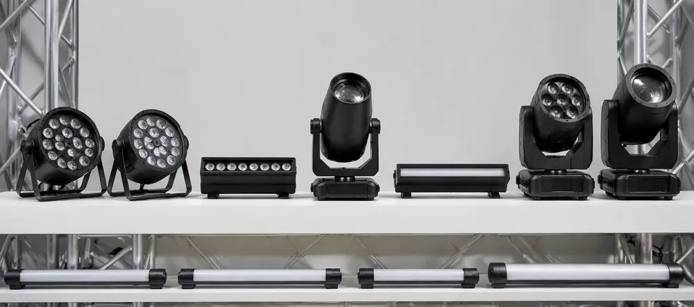 LED DJ spotlight positioned between par lights and moving heads in the Vefey product range
