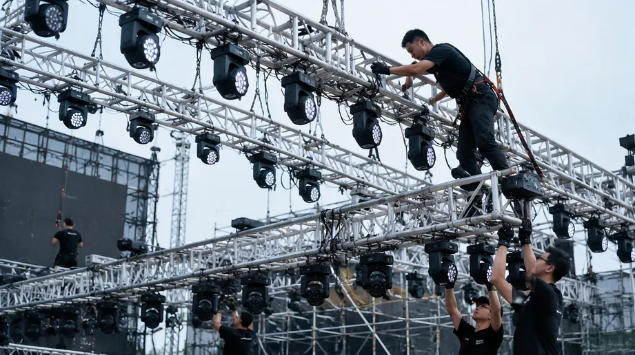 شركة إنتاج جولات تنشر وحدات إضاءة مسرح LED DJ عبر نظام تروس الحفلات الموسيقية