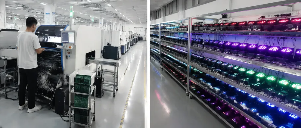 Vefey mini LED DJ light production line showing SMT placement and 48-hour aging rack testing