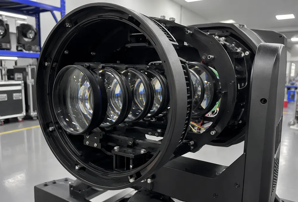 Multi-element precision glass lens train inside a Vefey beam moving DJ light