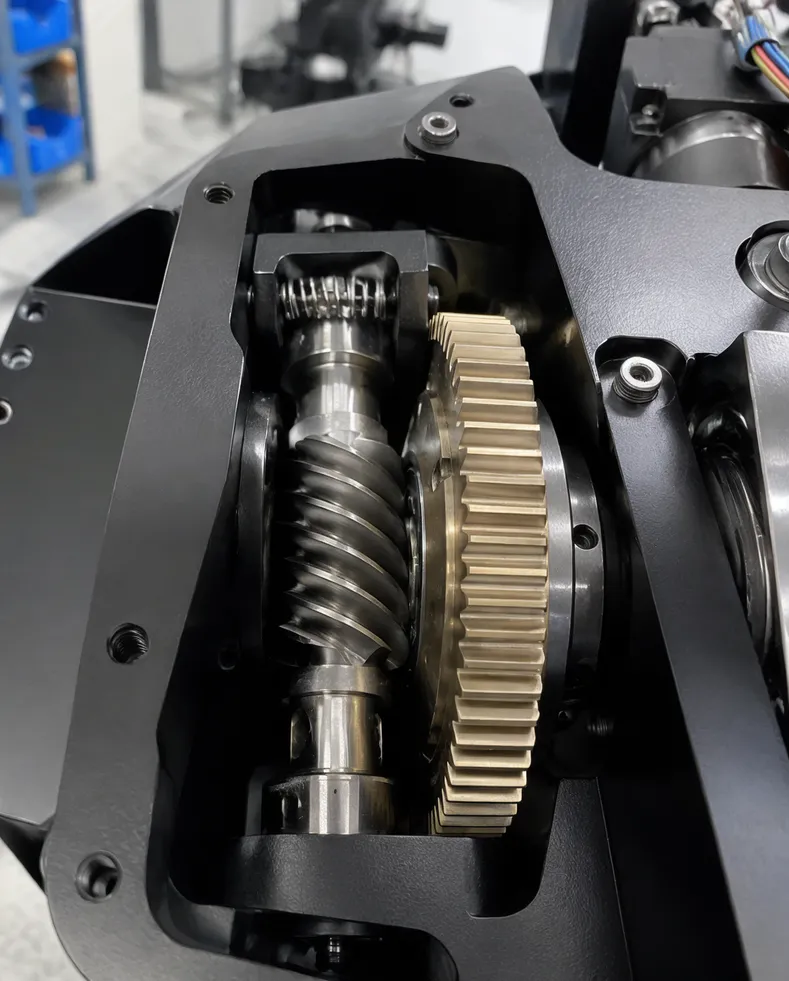 Hardened steel worm gear pair with anti-backlash preload inside Vefey beam fixture tilt assembly