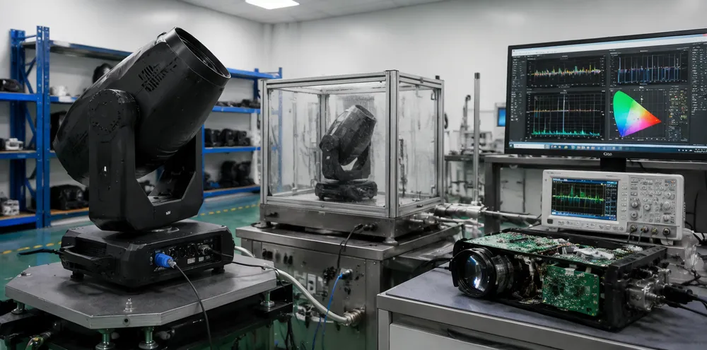 Vefey quality engineering lab showing gear testing, thermal validation, and DMX signal analysis for moving DJ lights