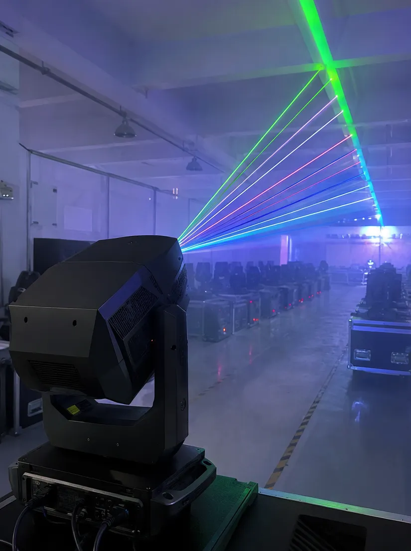 Vefey laser moving DJ light with visible aerial beams in haze