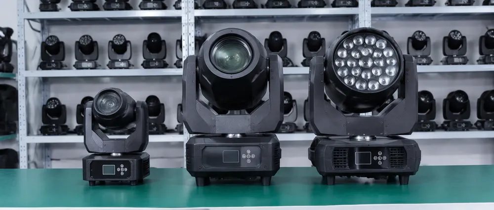 Vefey moving head product range showing mini, beam, and LED moving heads side by side for catalog comparison