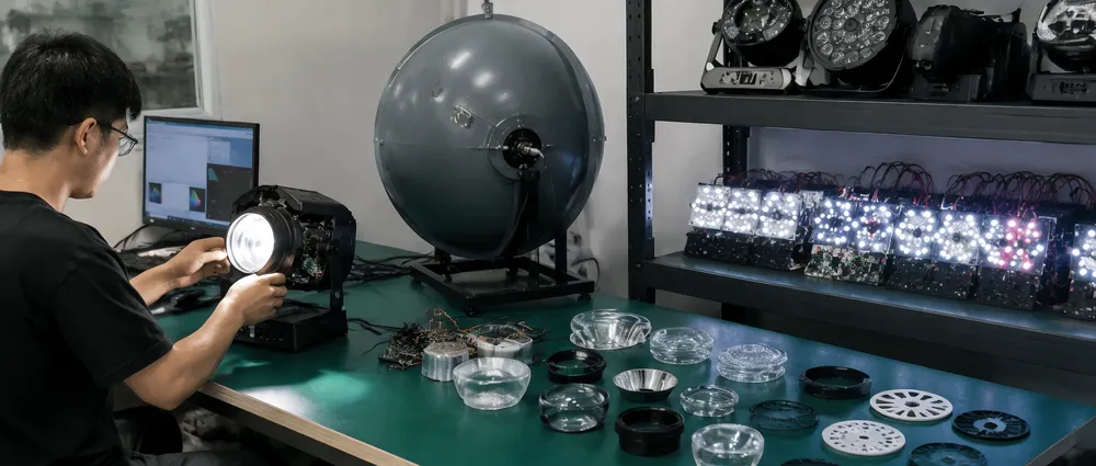 Vefey engineering lab showing optical system testing and LED array configuration for custom stage lighting fixtures