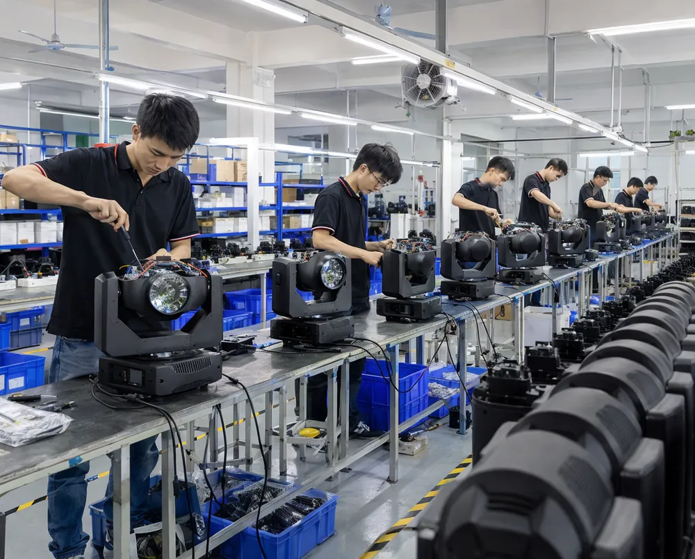 Vefey OEM ODM stage lighting production line with engineers assembling custom fixtures