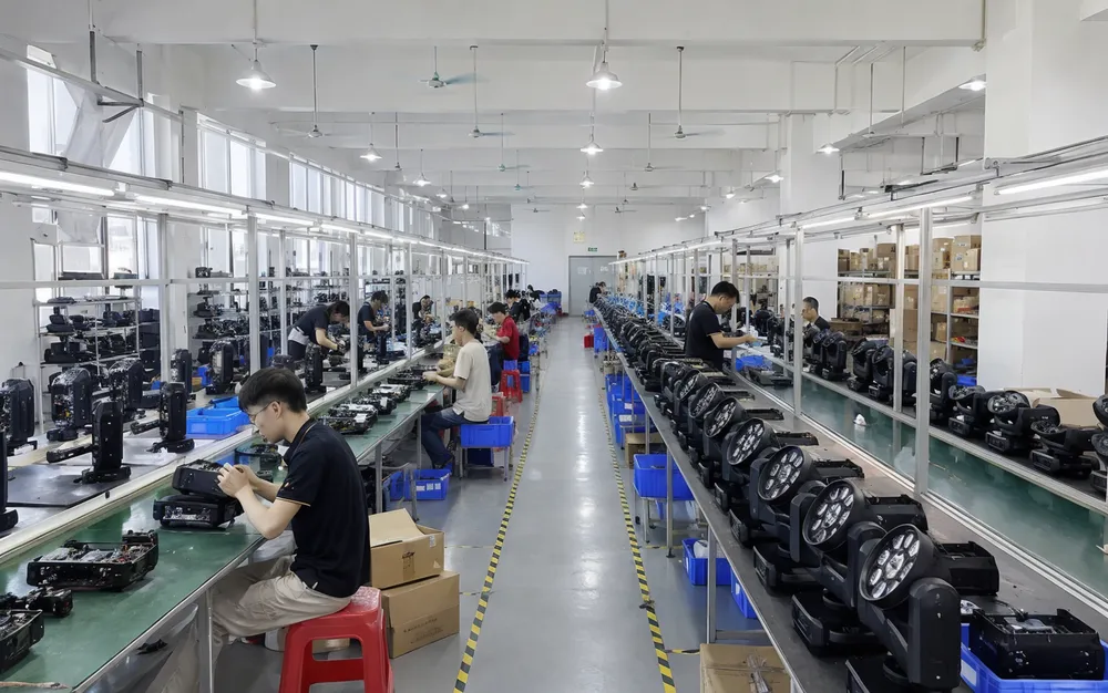 Vefey production floor with 6 assembly lines producing stage lighting fixtures