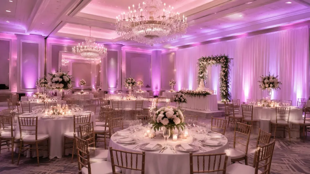 Wedding reception dance floor with beam moving heads and derby effect lighting fixtures deployed by rental company