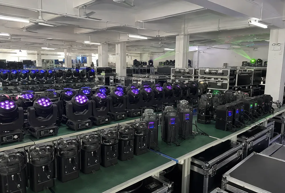 Vefey party DJ lights production facility showing assembled portable, wireless, and laser lighting fixtures ready for export