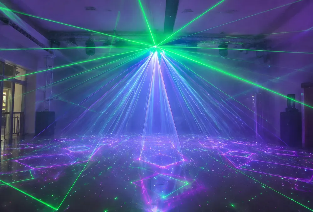 Vefey laser projector party DJ light projecting geometric patterns and star fields in a haze-filled venue