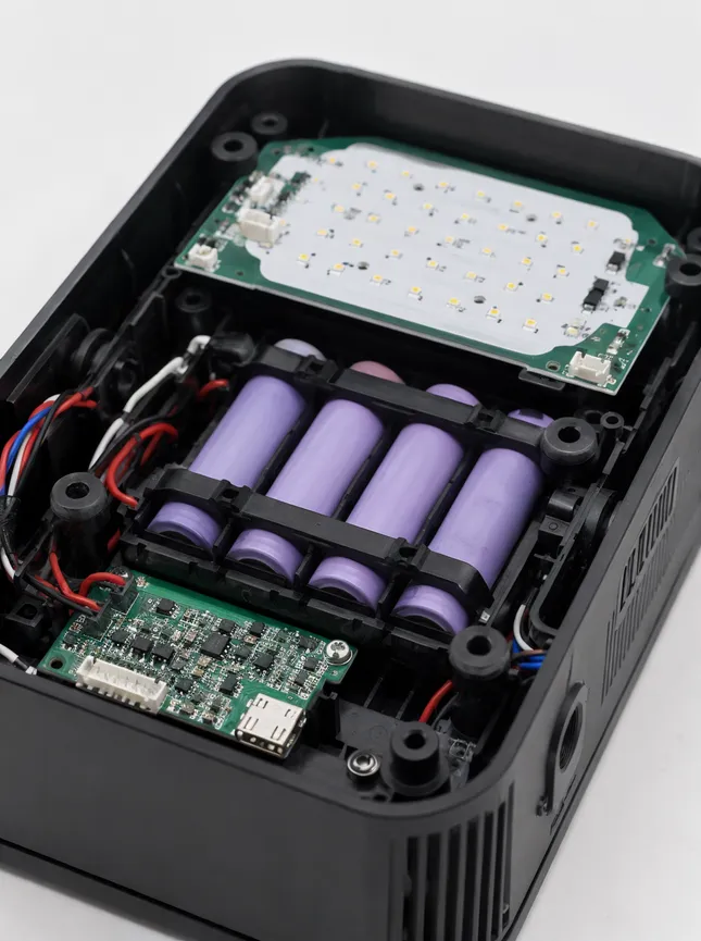 Internal construction of Vefey portable DJ light showing battery cells and shock mounts