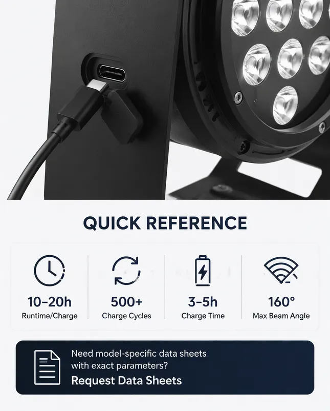 Vefey portable DJ light specification detail showing USB-C charging port and LED array