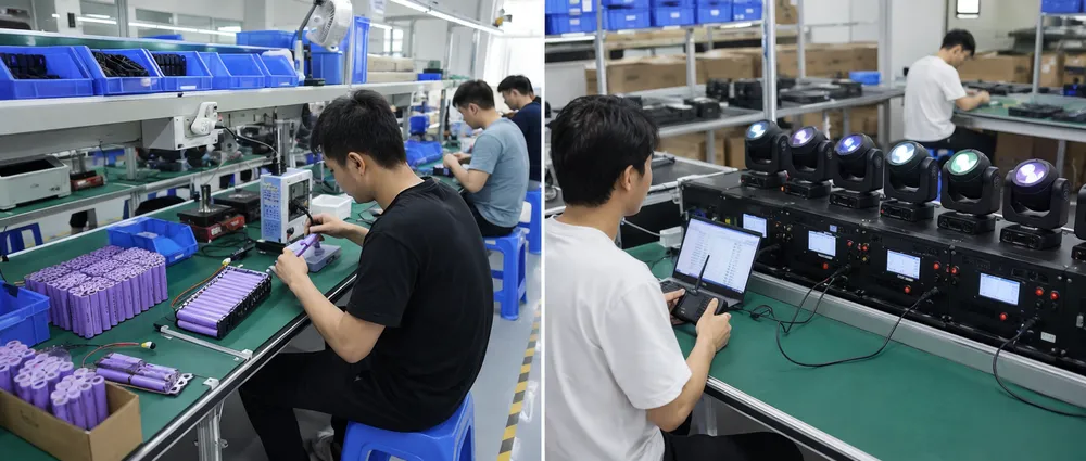 Vefey wireless DJ light production line showing battery assembly and RF calibration stations
