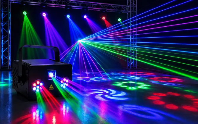 Laser-LED hybrid fixture producing aerial laser patterns with surrounding LED wash on a dance floor