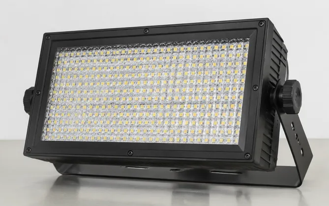 Strobe-wash hybrid fixture combining high-intensity strobe with RGBW wash output
