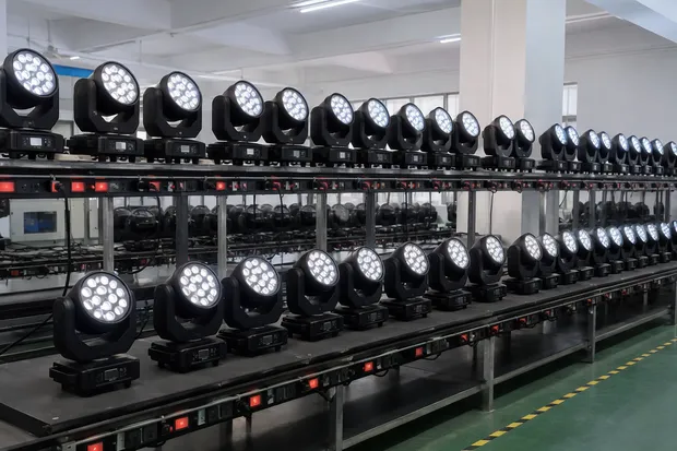 Professional DJ light fixtures running on 48-hour full-load aging test rig in Vefey factory