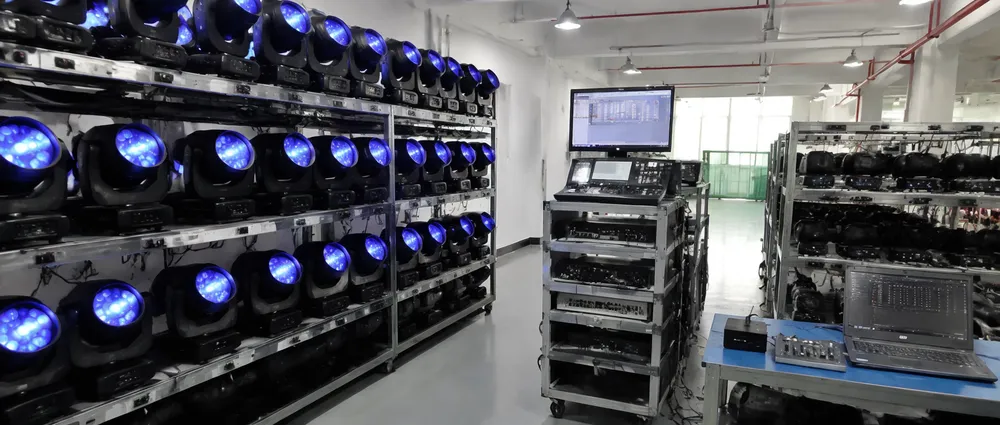Vefey quality control testing lab showing 48-hour aging tests and DMX signal verification equipment for stage lighting fixtures